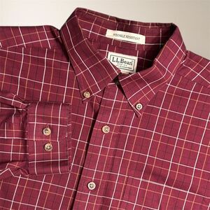 L.L.Bean Mens L Red Plaid Wrinkle Resistant Cotton Button Down Long Sleeve Shirt